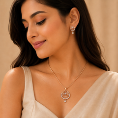 Anti Tarnish Rose Gold Circular Cubic Zirconia Pendant Necklace Set with Matching Crystal Drop Earrings for Women  The Mirage Fashion