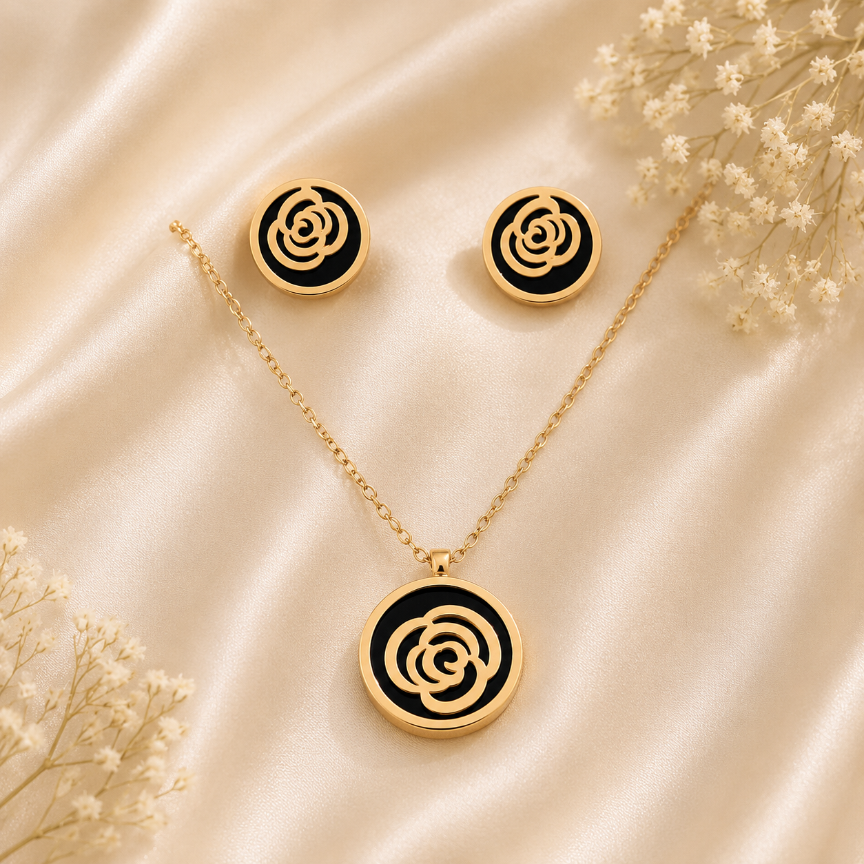 Anti tarnish rose gold floral pendant necklace with black enamel detailing and matching stud earrings for women, elegant designer jewellery set.