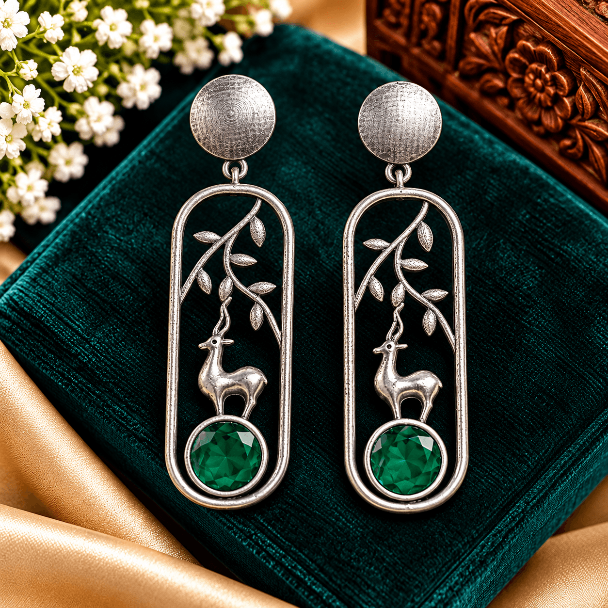 Antique silver-tone deer motif earrings with leafy branches and emerald-green stones