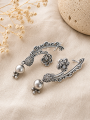 Antique Silver Ear Cuff Earrings with Ghungroo Drops – Designer Floral Ear Climber Earrings for Women | The Mirage Fashion