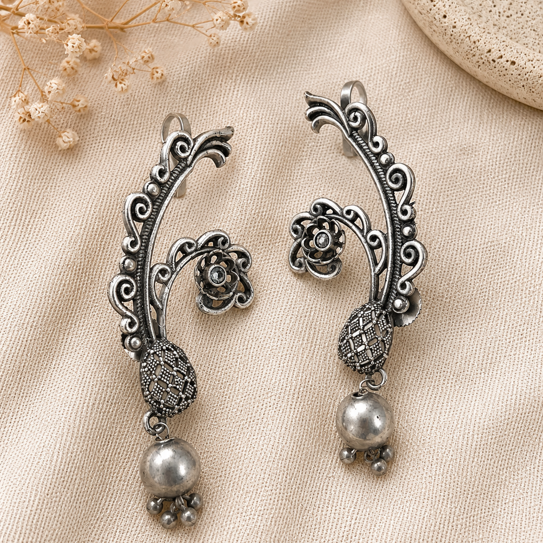 Antique Silver Ear Cuff Earrings with Ghungroo Drops – Designer Floral Ear Climber Earrings for Women  The Mirage Fashion 