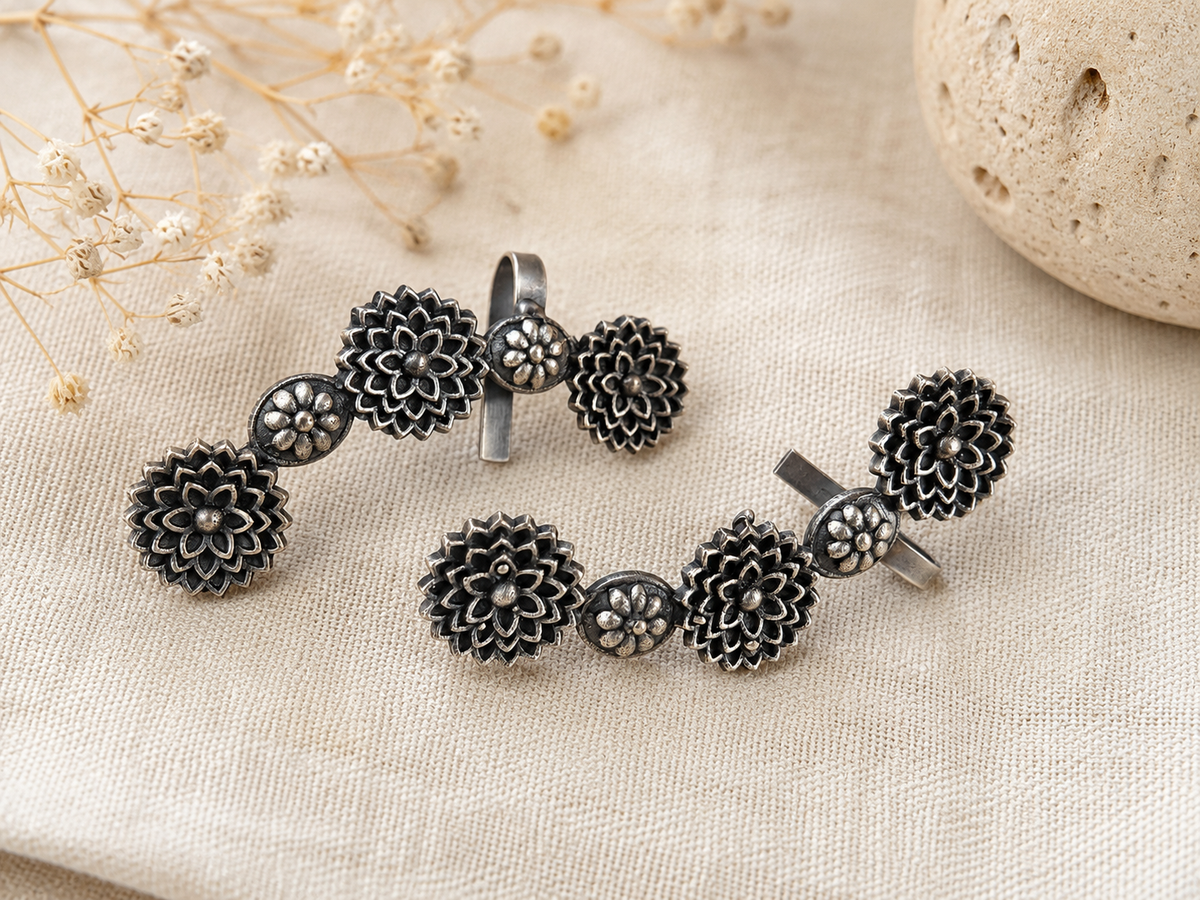 Antique Silver Floral Ear Cuff Earrings – Lotus Bloom Ear Climber Earrings for Women  Statement Oxidized Silver Jewelry  The Mirage Fashion 