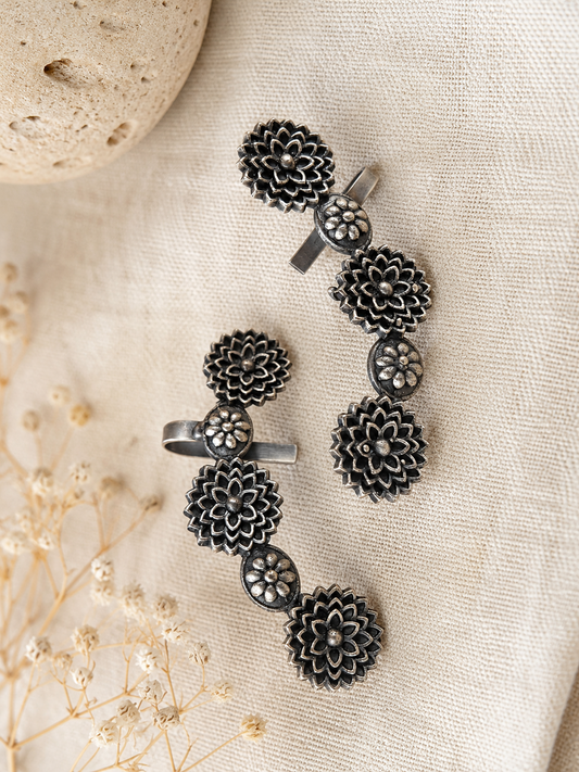 Antique Silver Floral Ear Cuff Earrings – Lotus Bloom Ear Climber Earrings for Women  Statement Oxidized Silver Jewelry  The Mirage Fashion 