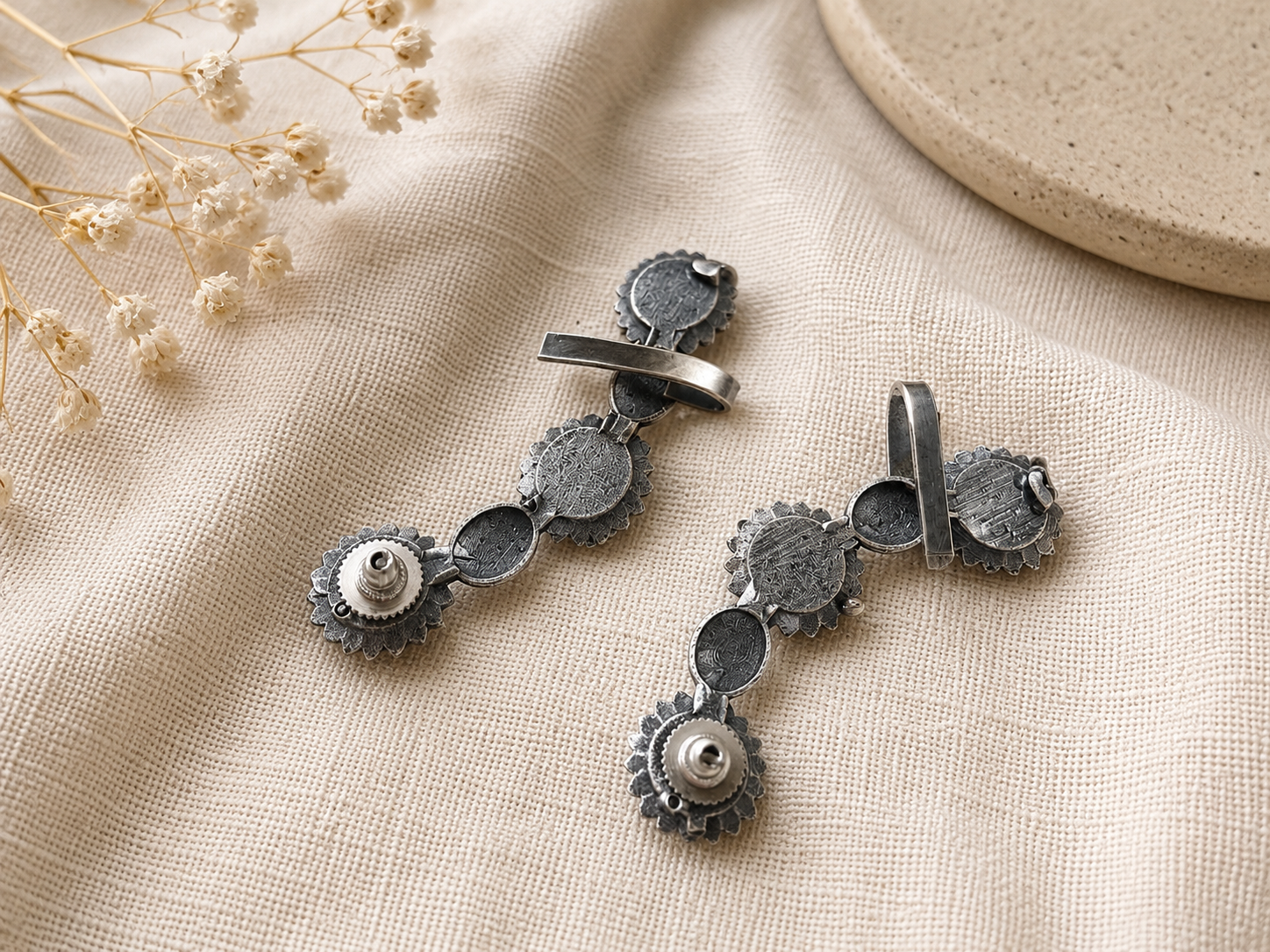 Antique Silver Floral Ear Cuff Earrings – Lotus Bloom Ear Climber Earrings for Women  Statement Oxidized Silver Jewelry  The Mirage Fashion 