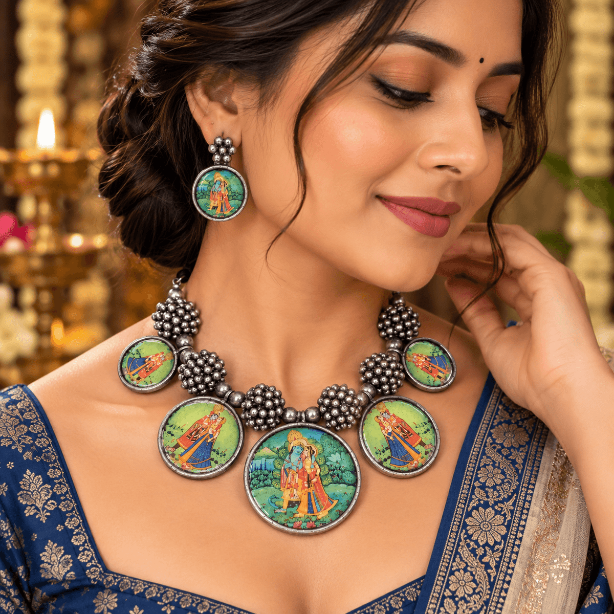 Oxidized Silver Krishna Radha Necklace Set with Earrings | The Mirage Fashion