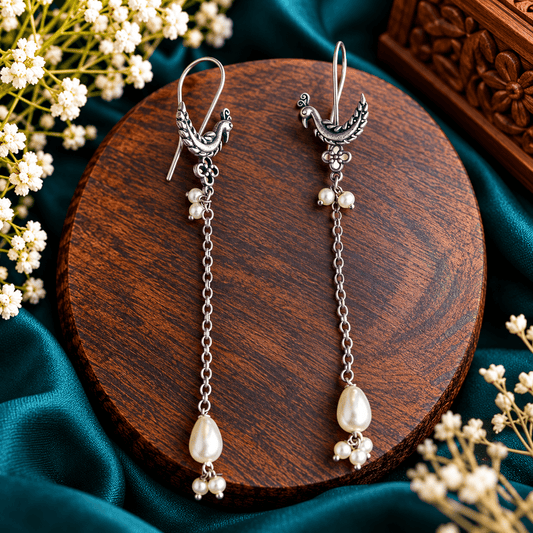 Antique Peacock Pearl Drop Earrings – Oxidized Silver Finish