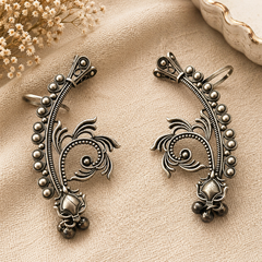 Antique Silver Ear Cuff Earrings for Women – Peacock Inspired Statement Ear Wrap Earrings with Ghungroo Detailing | The Mirage Fashion 