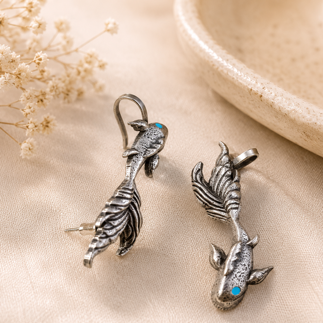 Antique Silver Koi Fish Ear Cuff Earrings – Nature Inspired Statement Ear Climber Earrings for Women