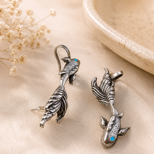 Antique Silver Koi Fish Ear Cuff Earrings – Nature Inspired Statement Ear Climber Earrings for Women