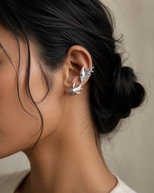 Antique Silver Koi Fish Ear Cuff Earrings – Nature Inspired Statement Ear Climber Earrings for Women | The Mirage Fashion