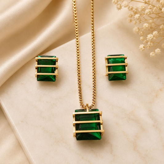 Anti Tarnish Emerald Green Crystal Pendant & Earrings Set for Women | Gold Plated Jewellery | The Mirage Fashion