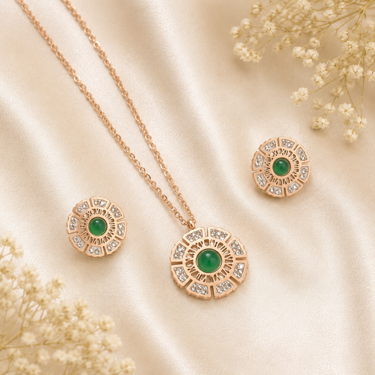 Anti tarnish rose gold floral pendant necklace with green stone centerpiece, sparkling cubic zirconia, and matching stud earrings for women