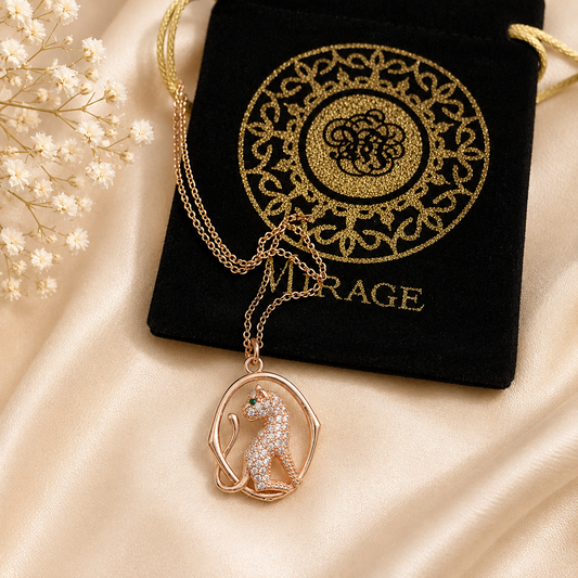 Anti tarnish rose gold leopard pendant necklace with sparkling cubic zirconia stones and green crystal eyes for women, elegant designer fashion jewellery.