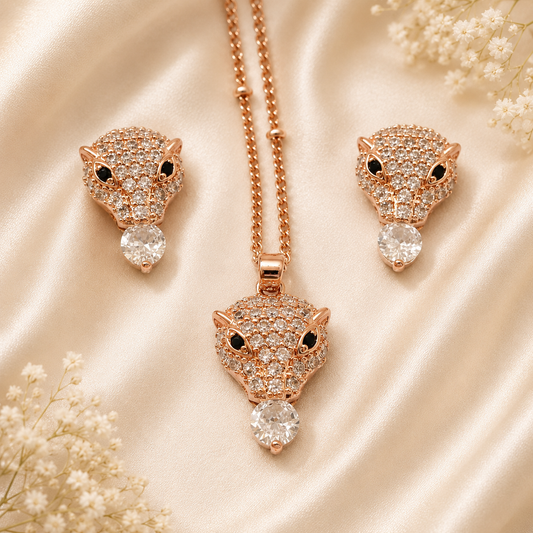 Anti Tarnish Rose Gold Leopard Pendant Necklace & Stud Earrings Set for Women | CZ Crystal Jewellery | The Mirage Fashion