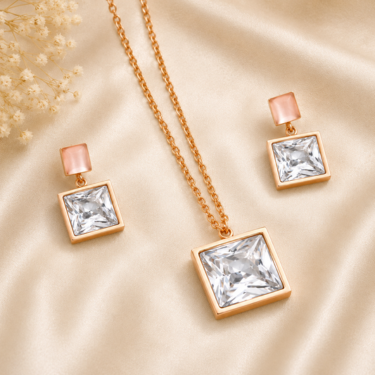 Anti Tarnish Rose Gold Square Crystal Pendant Necklace Set for Women | Minimalist Jewellery | The Mirage Fashion
