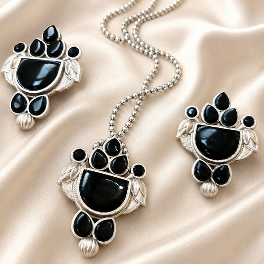 Mirage -  Beautiful  Silver and Black Pendent with long chain and earrings stylish oxidize set .