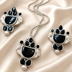 Mirage -  Beautiful  Silver and Black Pendent with long chain and earrings stylish oxidize set .