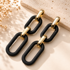Black and gold geometric chain link drop earrings for women
