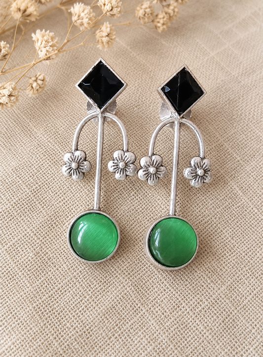 Blossom Arch Oxidized Silver Drop Earrings for Women | Floral Stone Statement Earrings | Vintage Ethnic Jewelry | The Mirage Fashion