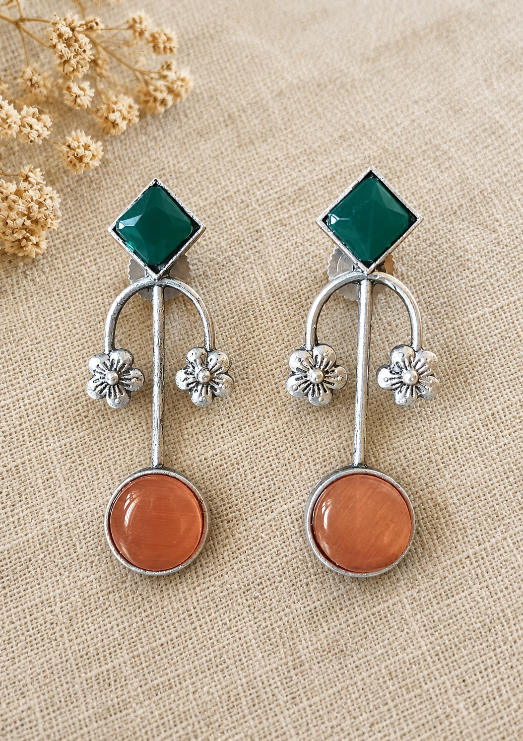 Blossom Arch Oxidized Silver Drop Earrings for Women | Floral Stone Statement Earrings | Vintage Ethnic Jewelry | The Mirage Fashion