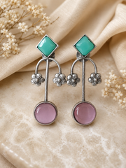 Blossom Arch Oxidized Silver Drop Earrings for Women | Floral Stone Statement Earrings | Vintage Ethnic Jewelry | The Mirage Fashion
