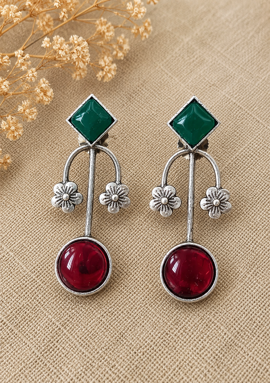 Blossom Arch Oxidized Silver Drop Earrings for Women | Floral Stone Statement Earrings | Vintage Ethnic Jewelry | The Mirage Fashion