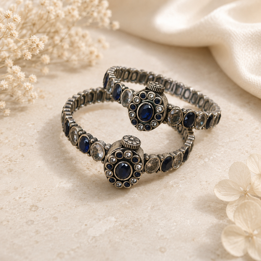 Blue Stone Oxidized Adjustable Kada Bracelet for Women with Crystal Detailing | The Mirage Fashion