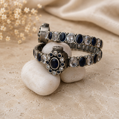 Blue Stone Oxidized Adjustable Kada Bracelet for Women with Crystal Detailing | The Mirage Fashion