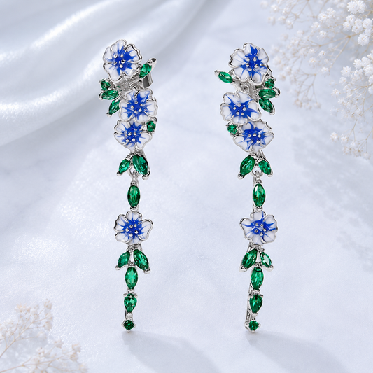 Blue Floral Drop Earrings with Green Crystal Leaves | Designer Statement Earrings for Women | The Mirage Fashion