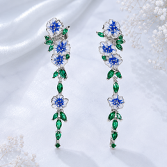 Blue Floral Drop Earrings with Green Crystal Leaves | Designer Statement Earrings for Women | The Mirage Fashion