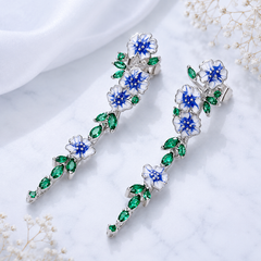 Blue Floral Drop Earrings with Green Crystal Leaves | Designer Statement Earrings for Women | The Mirage Fashion