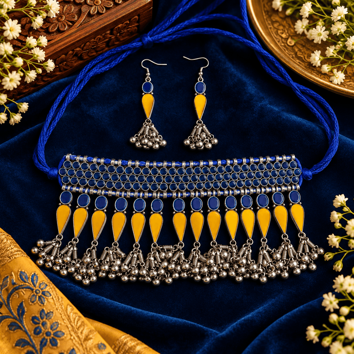 Blue & Yellow Enamel Choker Necklace Set with Earrings | The Mirage Fashion