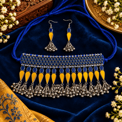 Blue & Yellow Enamel Choker Necklace Set with Earrings | The Mirage Fashion