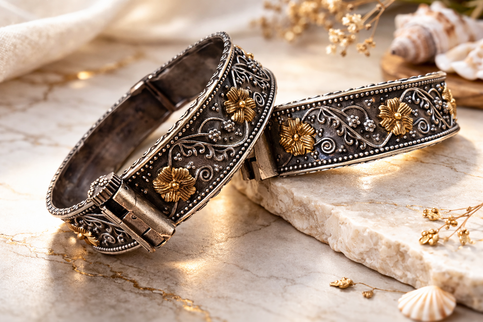 Broad Golden and Silver Floral Design Dual Tone Kada 