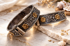 Broad Golden and Silver Floral Design Dual Tone Kada 