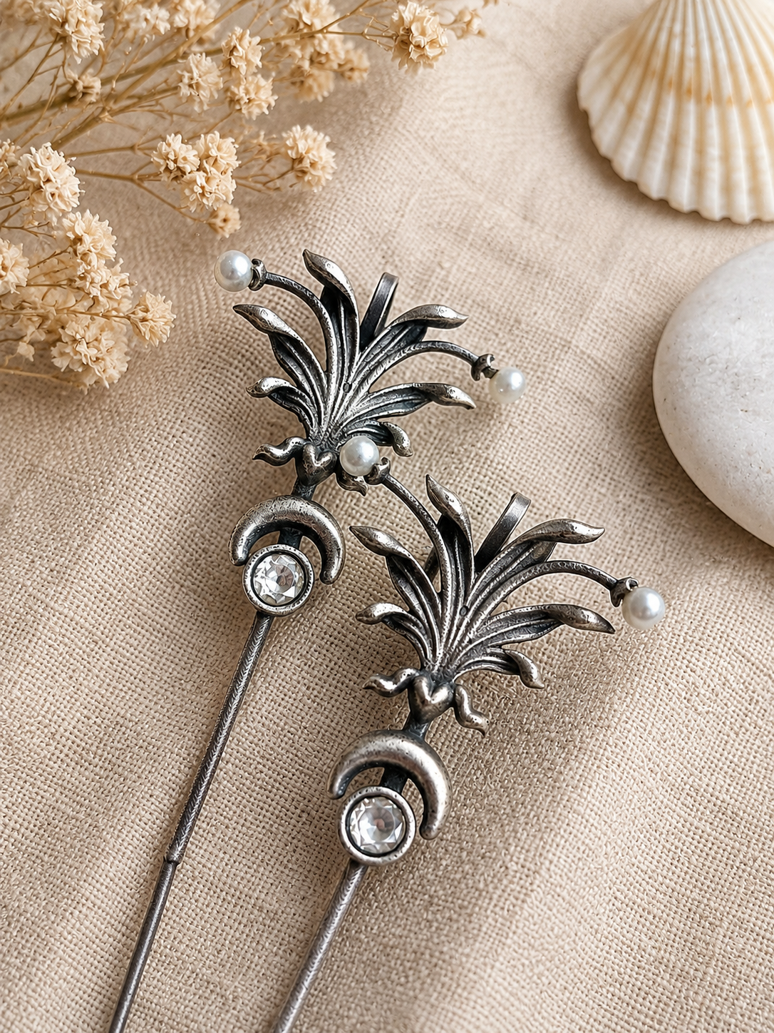Celestial Pearl Ear Cuff Earrings in Antique Silver – Statement Ear Climber Earrings for Women  The Mirage Fashion