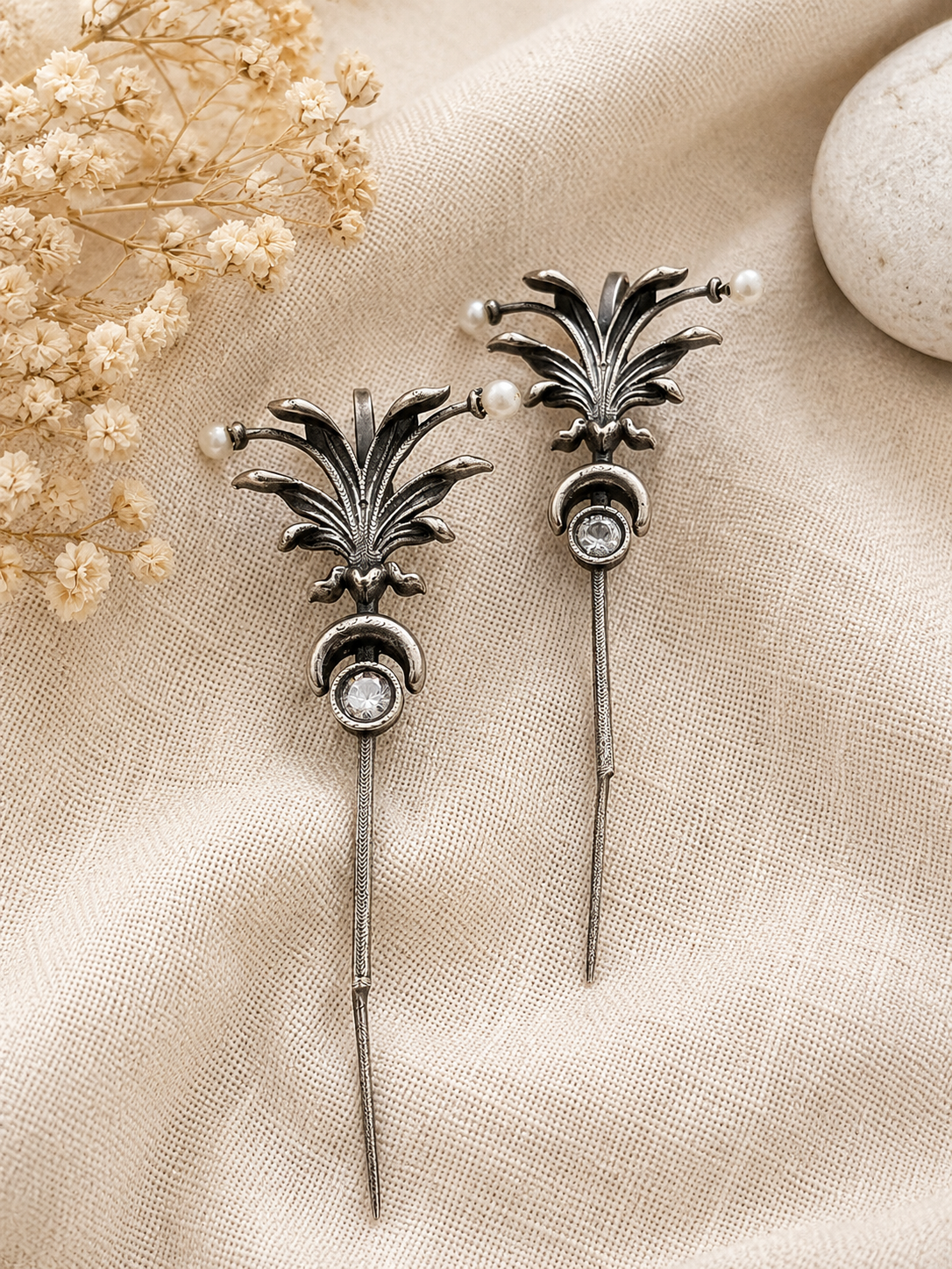 Celestial Pearl Ear Cuff Earrings in Antique Silver – Statement Ear Climber Earrings for Women  The Mirage Fashion