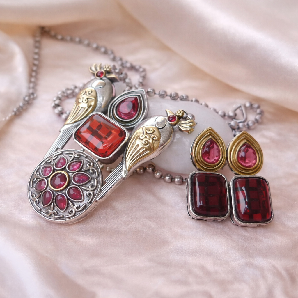 Oxidized Peacock Necklace Set with Red Stones | Vintage Statement Jewelry – The Mirage Fashion