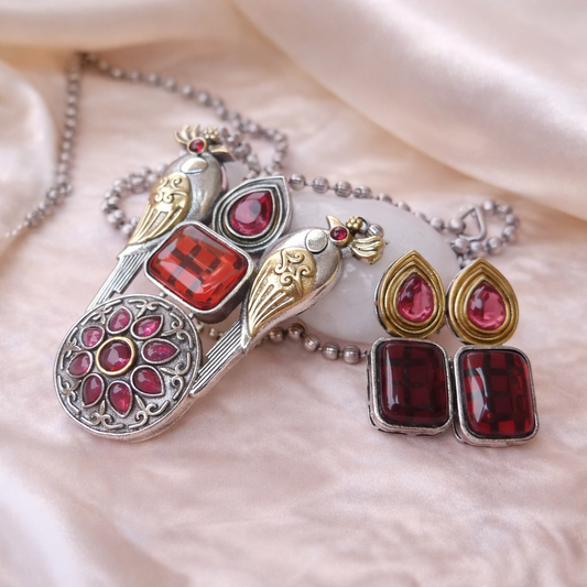 Oxidized Peacock Necklace Set with Red Stones | Vintage Statement Jewelry – The Mirage Fashion
