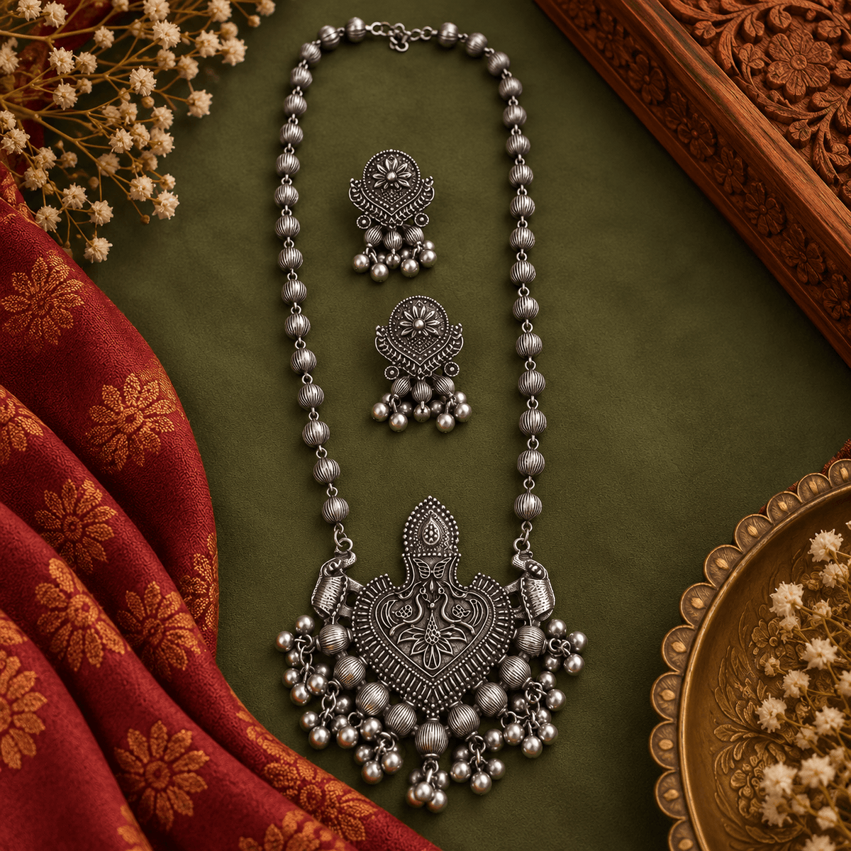Boho Heritage Long Oxidized Necklace Set with Earrings | The Mirage Fashion