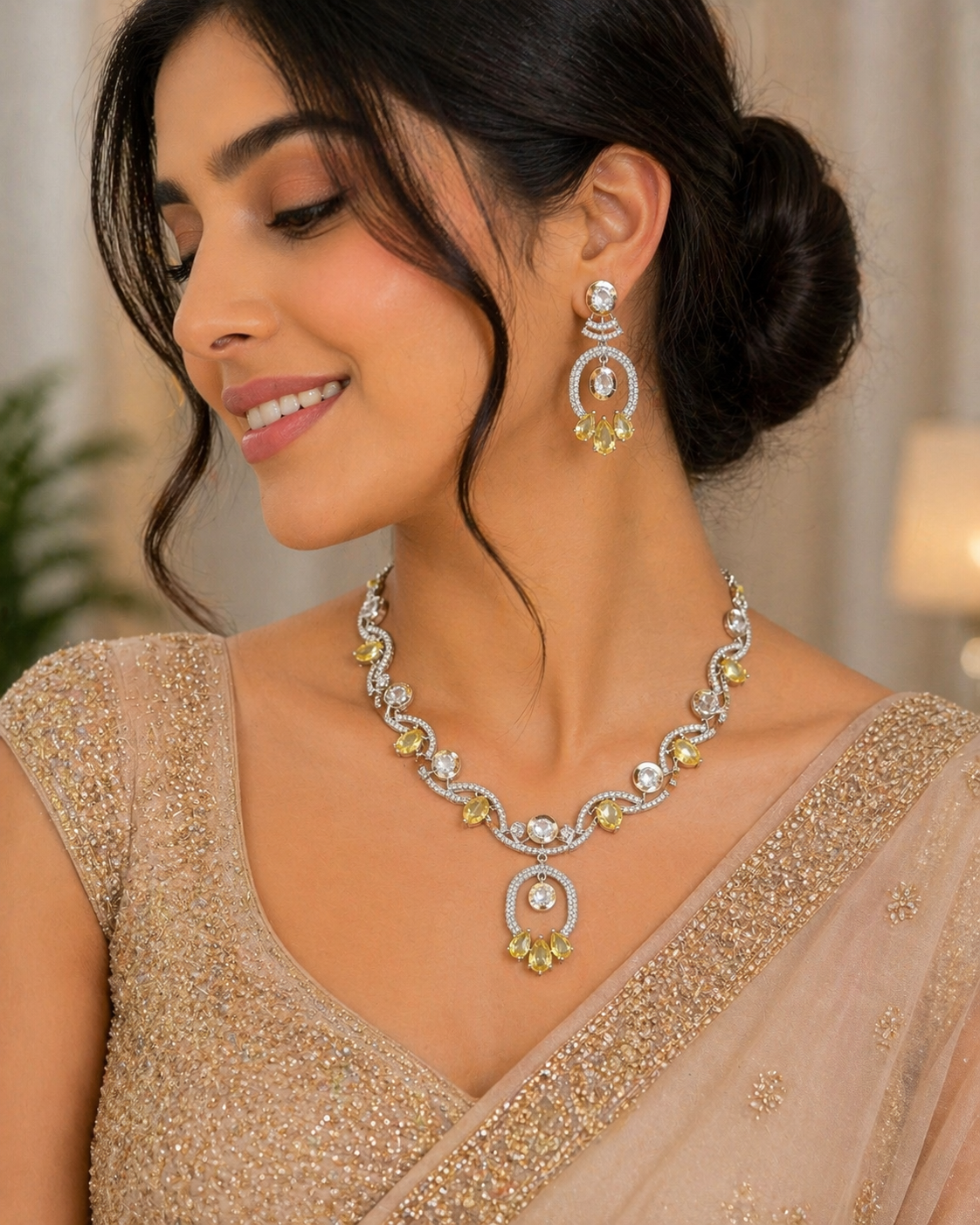 Yellow Crystal Necklace Set for Women | Designer American Diamond Jewelry | Mirage Fashion