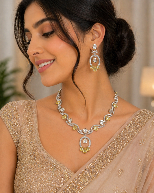 Yellow Crystal Necklace Set for Women | Designer American Diamond Jewelry | Mirage Fashion