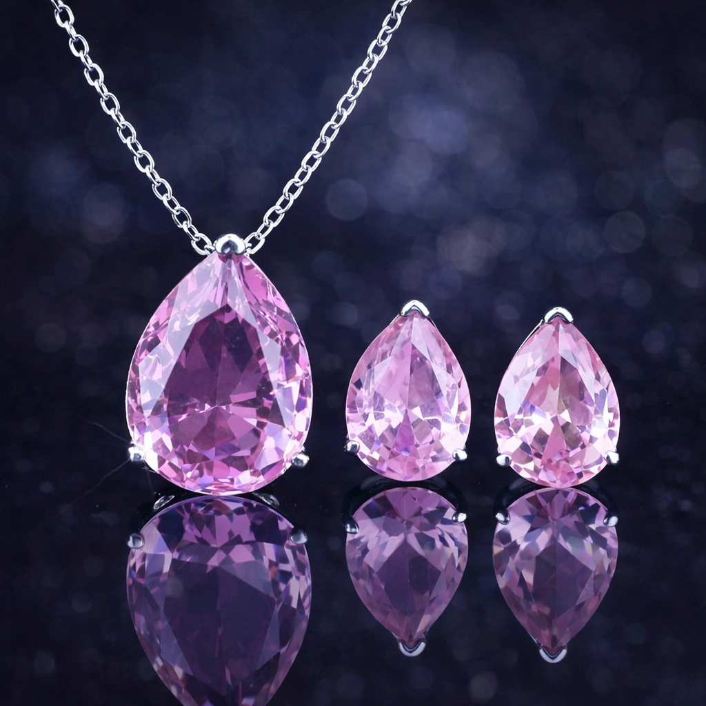 Elegant Teardrop Pink Crystal Jewelry Set – Necklace & Earrings