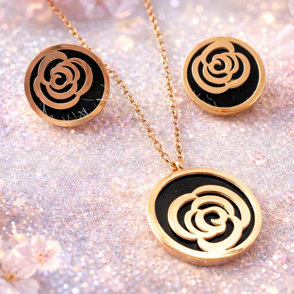 Mirage -Flower shape Rose gold SS with black filling - Pendant Earring set with Chain designs