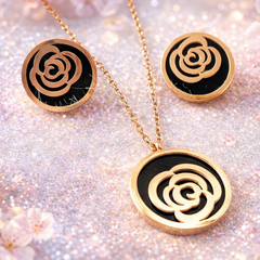 Mirage -Flower shape Rose gold SS with black filling - Pendant Earring set with Chain designs