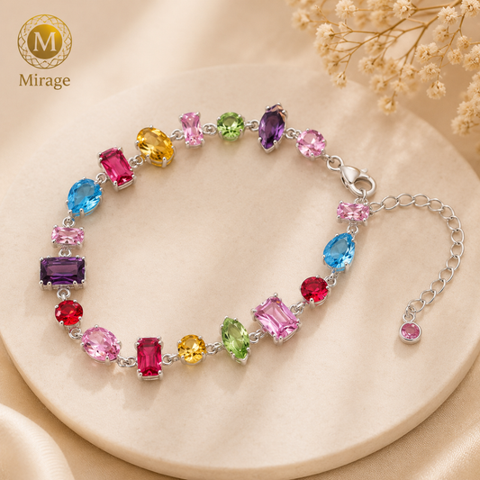 Elegant rainbow crystal tennis bracelet with multicolor cubic zirconia stones and adjustable white gold-plated chain for women.