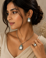 The Mirage Fashion White Stone & Turquoise Pendant Set – Vintage Silver-Tone Necklace and Earrings Set for Women | Ethnic & Contemporary Jewelry