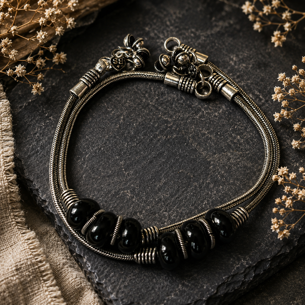 The Mirage Fashion Black Beaded Oxidized Anklet Pair – Boho Tribal Double Layer Payal for Women