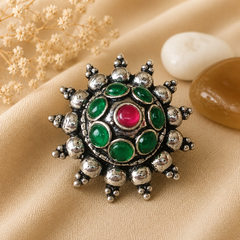 Oxidised Silver Green & Red Stone Statement Ring for Women | OXADISE RING