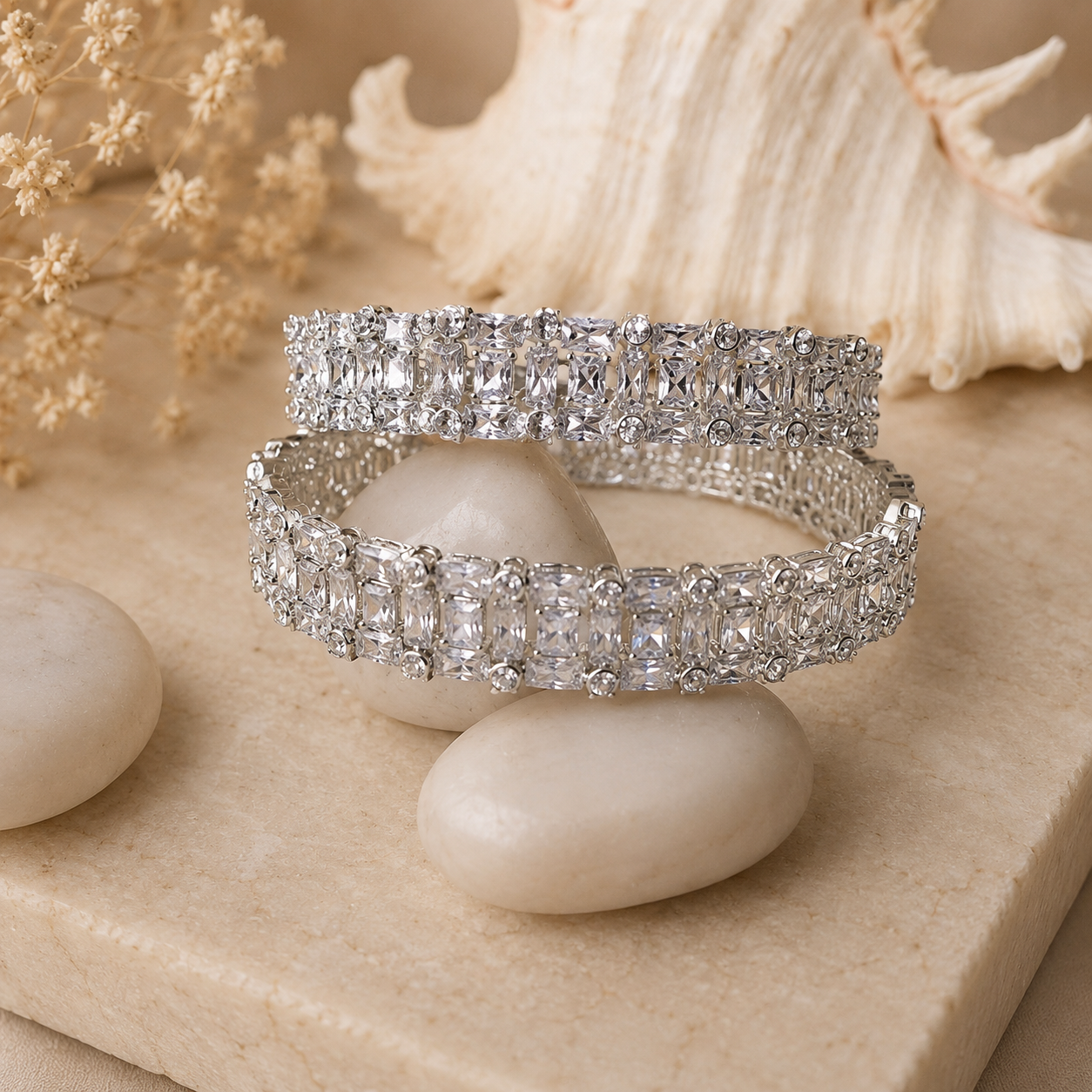 Set of 2 American Diamond Statement Bangles with Multi-Row Crystal Design for Women | The Mirage Fashion
